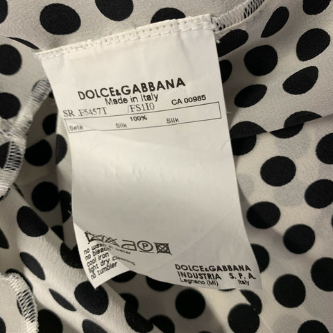 DOLCE & GABBANA Size S White Black Silk Spotted Pointed Collar Dress Top