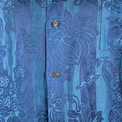 HAIDER ACKERMANN Size XL Blue Jacquard Linen Silk Floral One Pocket Long Sleeve Shirt