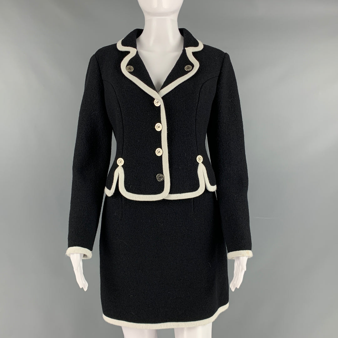 MOSCHINO Size 8 Black White Virgin Wool Contrast trim Single breasted Skirt Suit