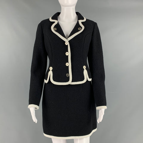 MOSCHINO Talla 8 Negro Blanco Lana Virgen Ribete en contraste Traje falda de un solo pecho