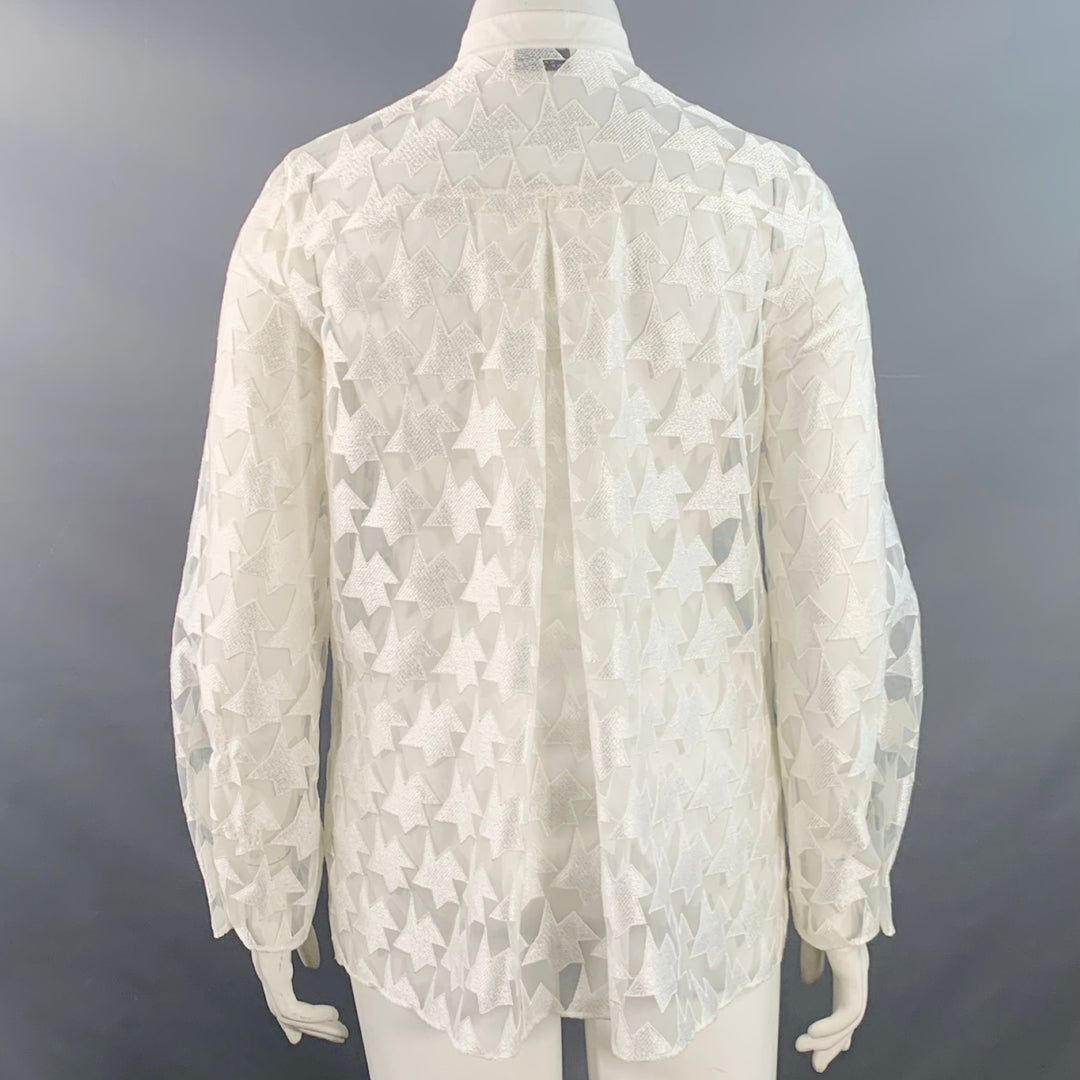 AKRIS Size 10 White Polyester Abstract Lace Nehru Collar Shirt