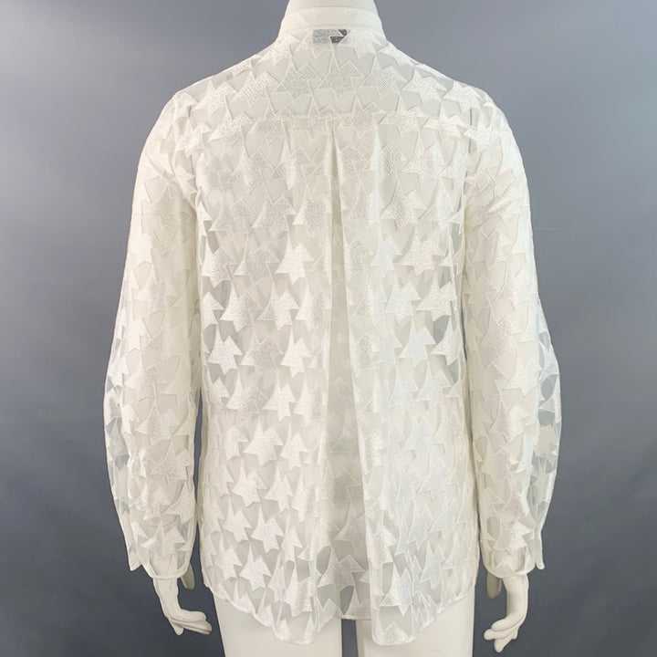 AKRIS Size 10 White Polyester Abstract Lace Nehru Collar Shirt