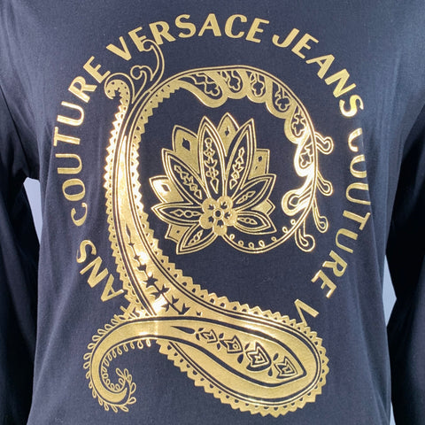 VERSACE JEANS COUTURE Size XXL Black Gold Cotton Jersey Logo Print Pullover