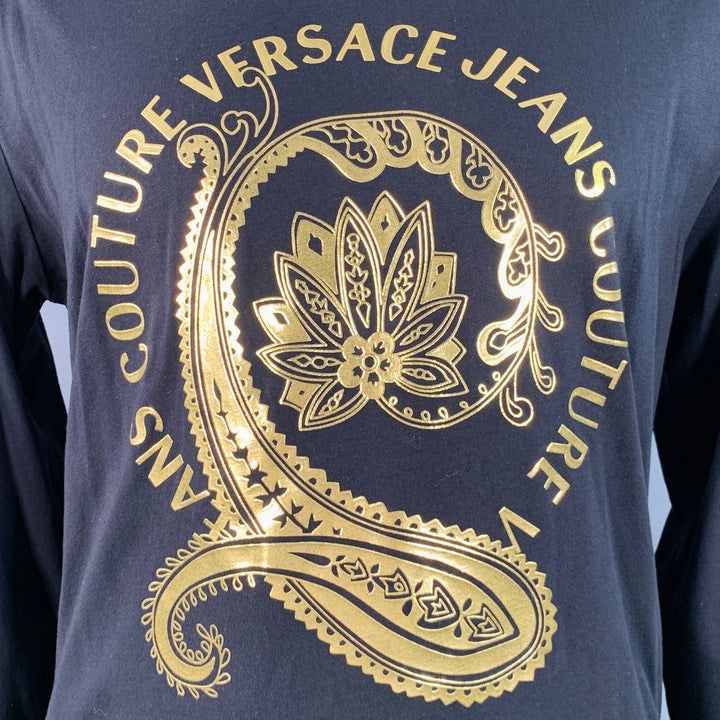 VERSACE JEANS COUTURE Size XXL Black Gold Cotton Jersey Logo Print Pullover