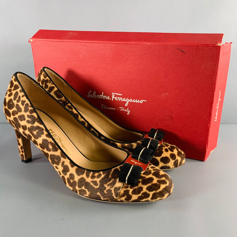 SALVATORE FERRAGAMO Size 9 -Carla- Brown Beige Calf Hair Animal Print Bow Pumps