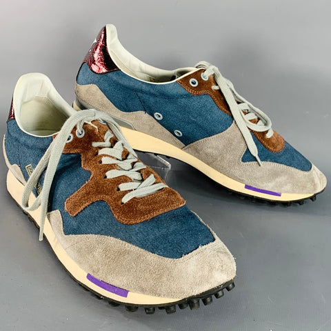 GOLDEN GOOSE STARLAND Size 11 Blue Grey Brown Color Block Canvas Suede Low Top Sneakers