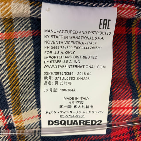DSQUARED2 Size XL Navy Red Yellow Plaid Cotton Button Up Long Sleeve Shirt
