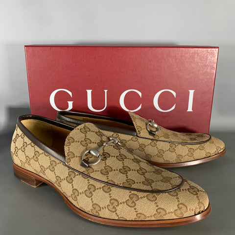 GUCCI Size 10.5 Brown Tan Monogram Canvas Loafers