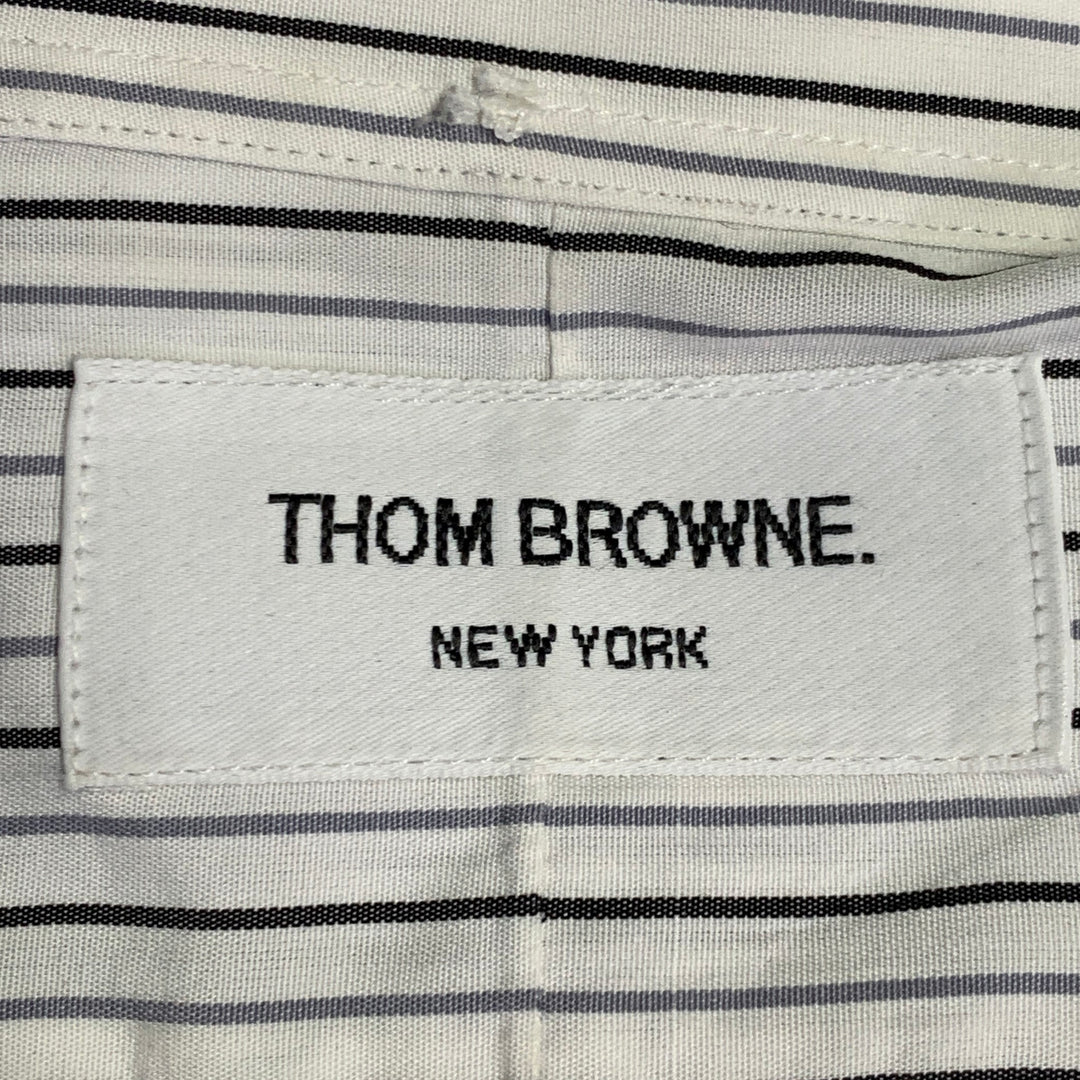 THOM BROWNE Size M White Grey Black Stripe Cotton One Pocket Long Sleeve Shirt