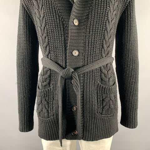 TAGLIATORE Size L Black Virgin Wool Cable Knit Cardigan