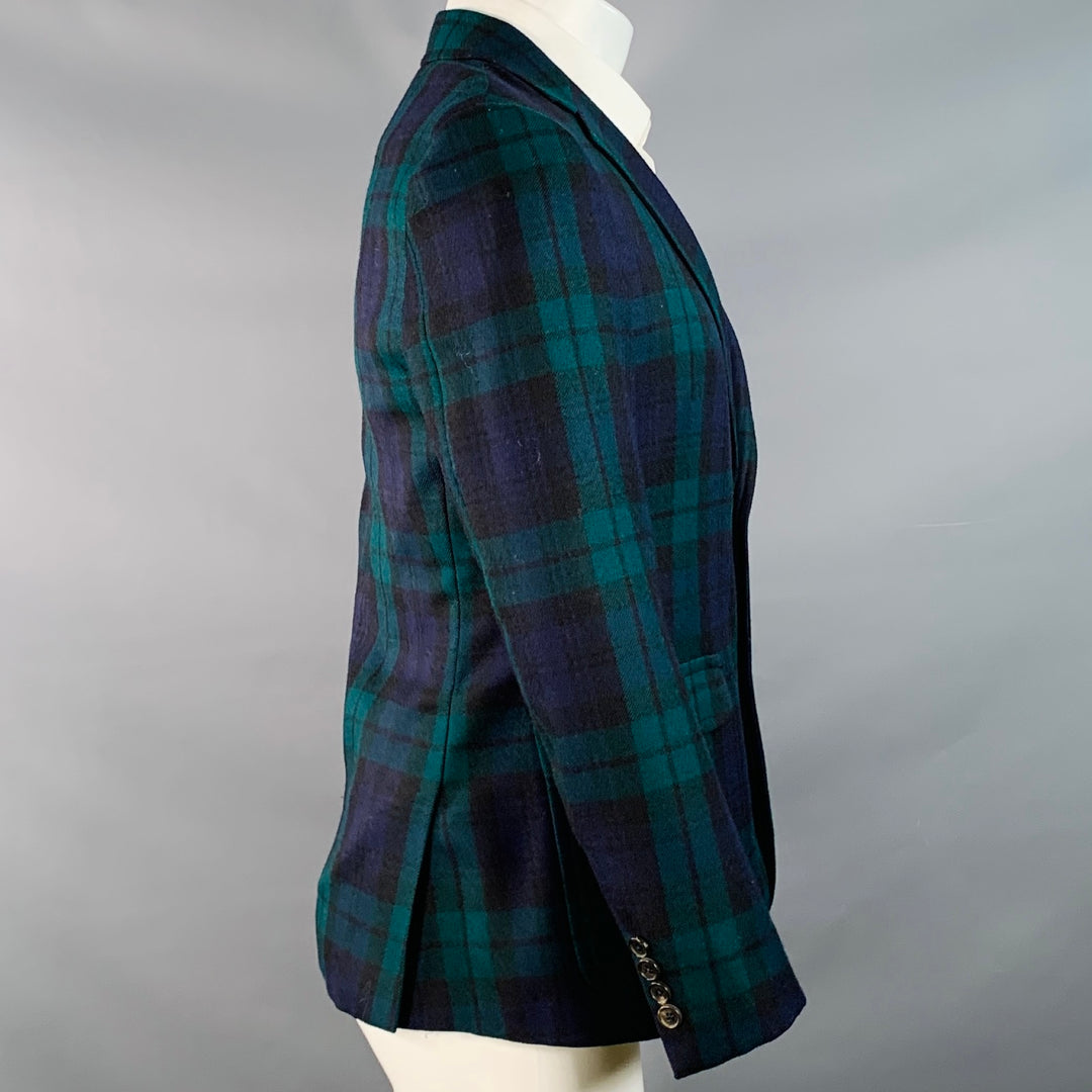 BAND OF OUTSIDERS Size 40 Regular Green Blue Plaid Wool Twill Notch Lapel Sport Coat