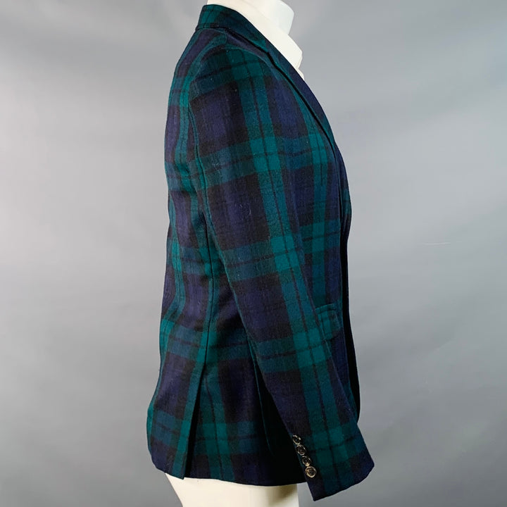 BAND OF OUTSIDERS Size 40 Regular Green Blue Plaid Wool Twill Notch Lapel Sport Coat