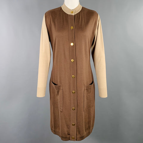 CELINE Size M Brown Beige Color Block 2 Pockets Cardigan