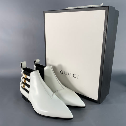GUCCI Size 8 White Black Gold Leather Pointed Toe Pull On Ankle Boots