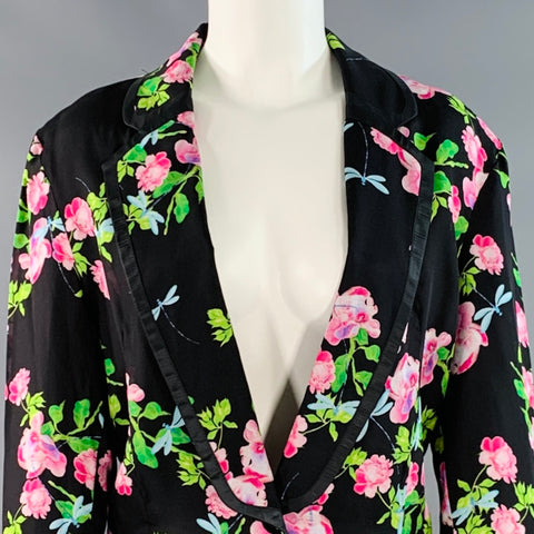 CYNTHIA ROWLEY Size M Black Multi Color Silk Twill Floral Notch Lapel Jacket Blazer
