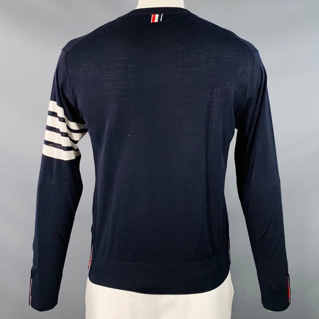 THOM BROWNE Size L Navy White Stripe Merino Wool Pullover