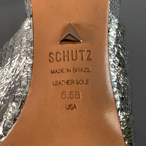 SCHUTZ Size 6.5 Silver Leather Wrinkled Mules Pumps