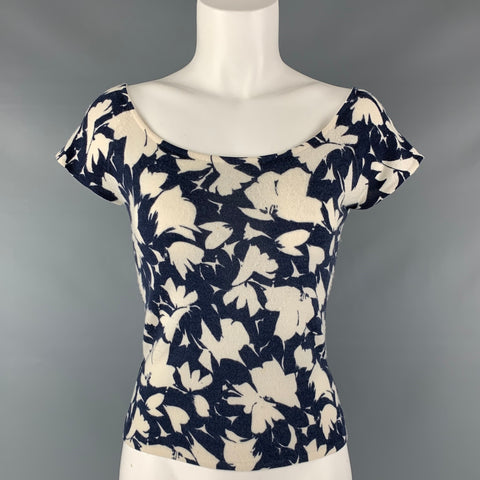 HEIDI WEISEL Talla M Crema Azul marino Cachemira Floral abstracto Mangas casquillo Top informal