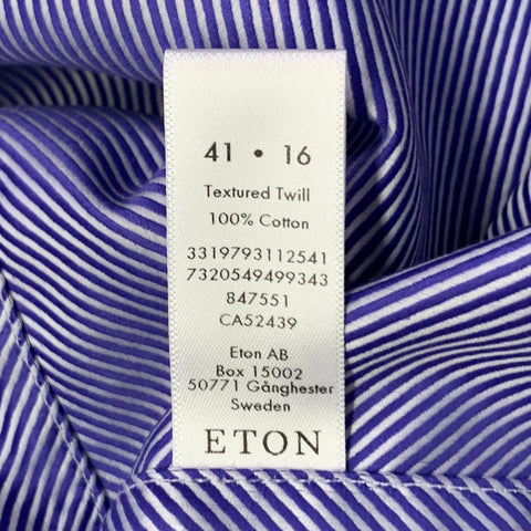 ETON Size M Blue White Diagonal Stripe Cotton Curved Cutaway Long Sleeve Shirt
