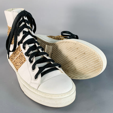 AMIRI Size 11 White Brown Animal Print Faux Fur Leather High Top Sneakers
