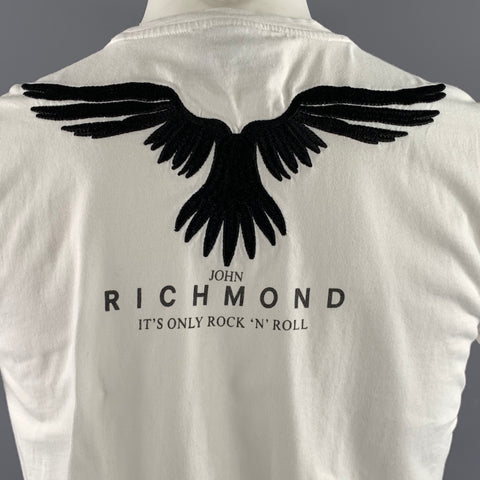 JOHN RICHMOND Size S White Black Embroidery Cotton Crew Neck T shirt