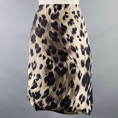 PAUW Size M Beige Navy Black Satin Animal Print Bubble Hem Skirt