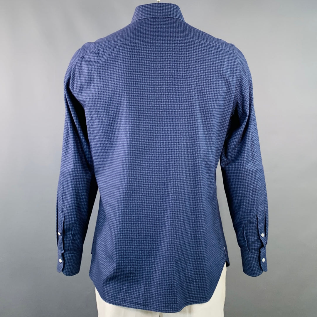 ISAIA Size L Navy Black Houndstooth Cotton Spread Collar Long Sleeve Shirt