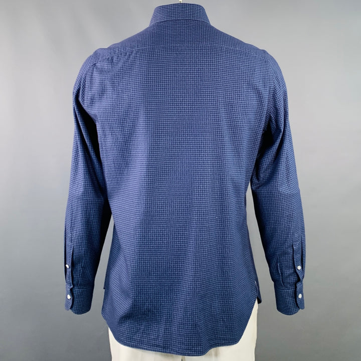 ISAIA Size L Navy Black Houndstooth Cotton Spread Collar Long Sleeve Shirt