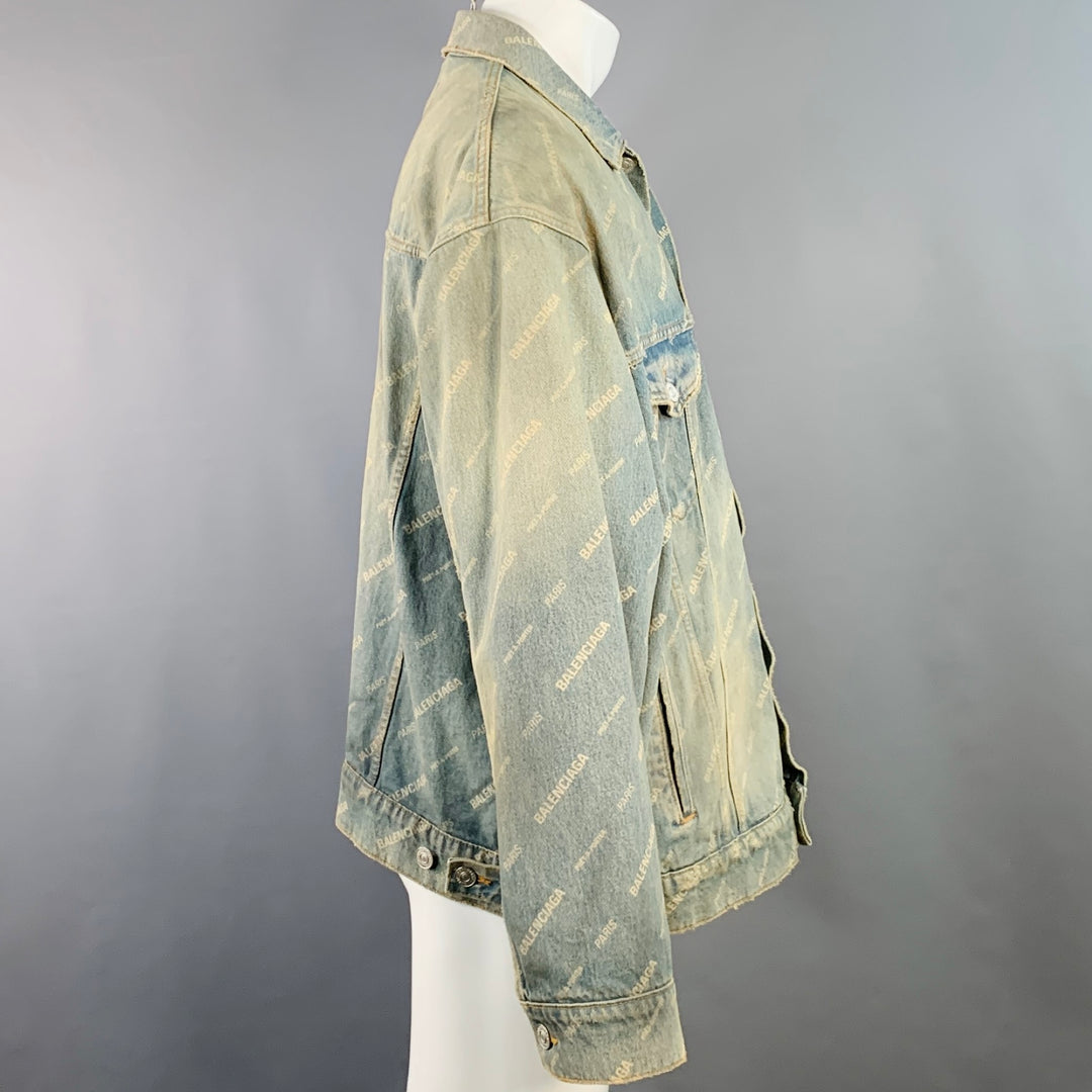 BALENCIAGA Size S Blue White Monogram Cotton Denim Oversized Jacket