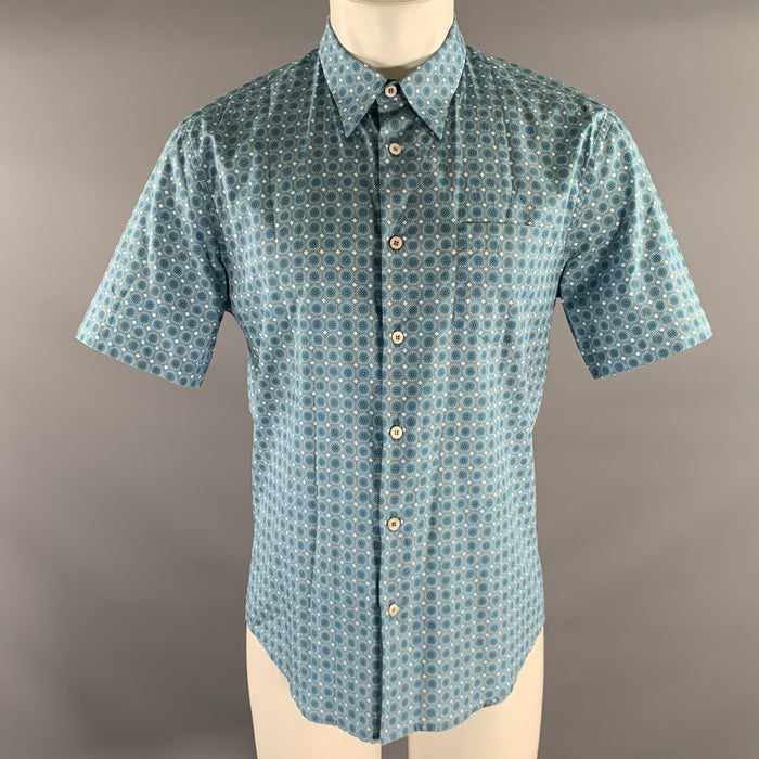 PRADA Size L Blue White Geometric Pointed Collar Short Sleeve Shirt