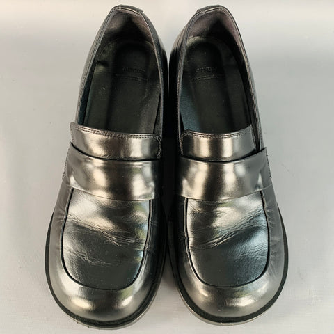 AMOMENTO Size 6 Black Leather Stacked Heel Penny Loafers