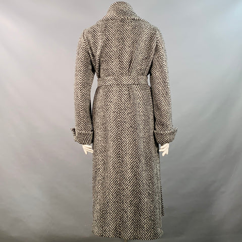 HERNO Size XL Black White Virgin Wool Blend Herringbone Belted Robe Coat