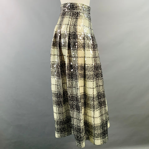 TANNER FLETCHER Size 2 Cream Black Polyester Plaid Pleated A-Line Skirt