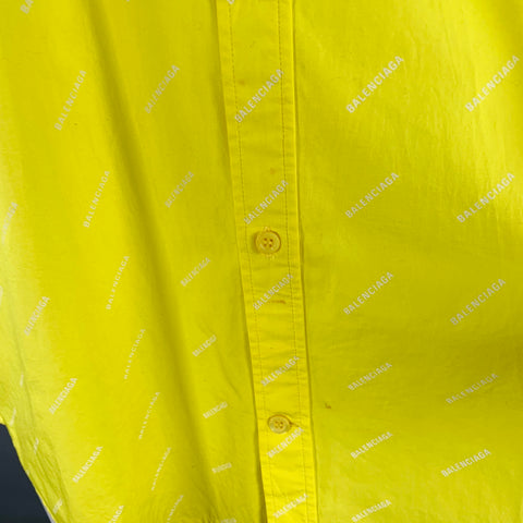 BALENCIAGA Size M Yellow White Logo Cotton Button Down Collar One Pocket Oversized Short Sleeve Shirt