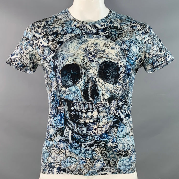 ALEXANDER MCQUEEN Size XL Blue White Black Skulls Kintsugi Cotton Slim Fit Short Sleeve T-shirt