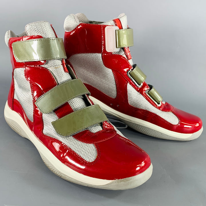 PRADA Size 11 America's Cup Red Silver  Mesh High Top Sneakers