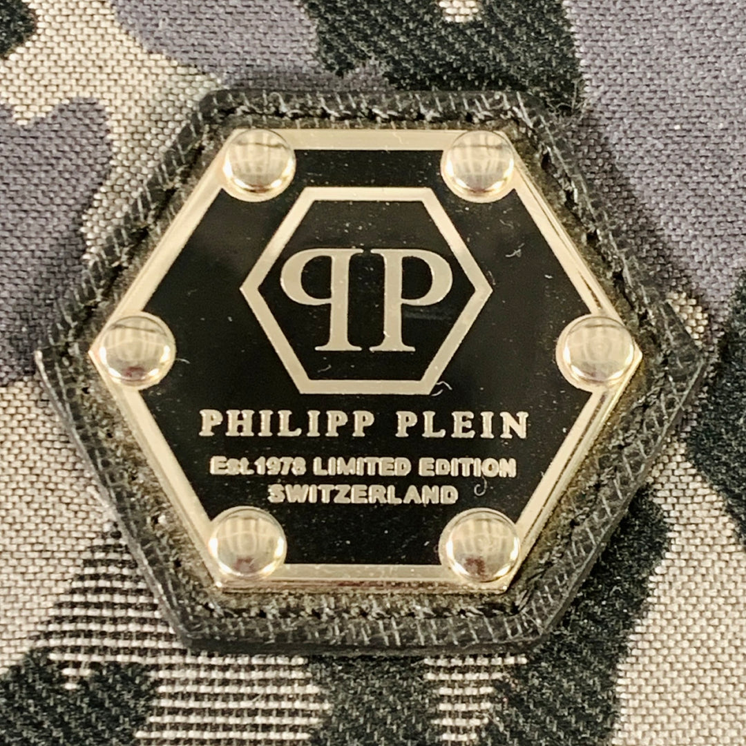 PHILIPP PLEIN Grey Black Camouflage Saffiano Leather Canvas Duffle Bag