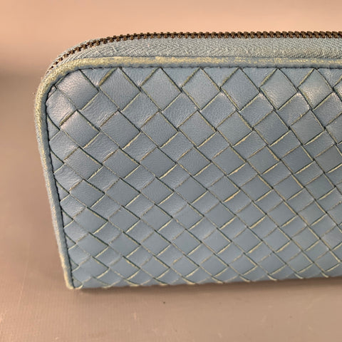 BOTTEGA VENETA Blue Woven Intrecchiato Leather Zipper Checkbook Wallet