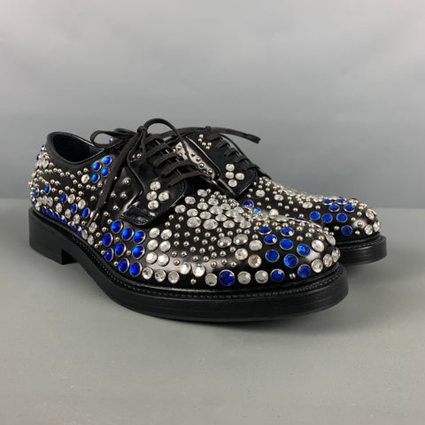 PRADA Size 9 Black Silver & Blue Studded Leather Lace-Up Shoes