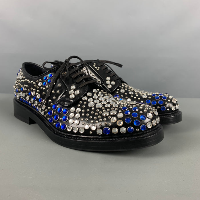 PRADA Size 9 Black Silver & Blue Studded Leather Lace-Up Shoes