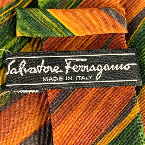 SALVATORE FERRAGAMO Brown Green Diagonal Stripe Silk Tie