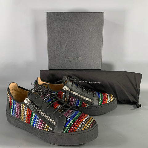 GIUSEPPE ZANOTTI Size 13 Black Multi Color Studded Mixed Fabrics Zip Sneakers