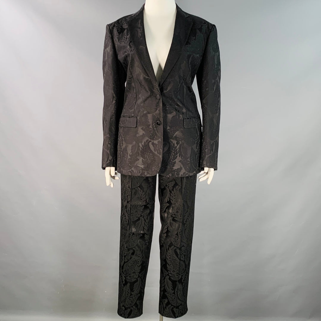 ETRO Size L Black Brocade Jacquard Flat Front Notch Lapel Pantsuit