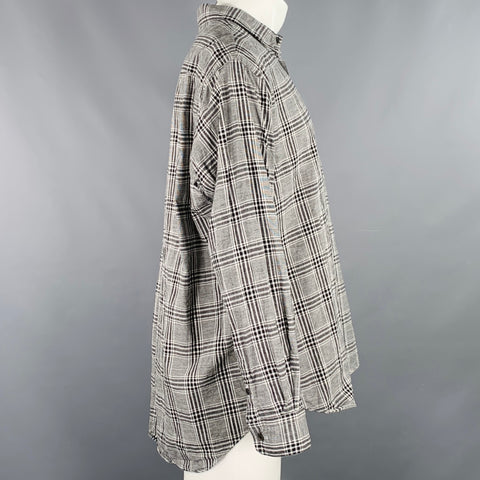 FUJITO Size M Black White Plaid Cotton Linen One Pocket Long Sleeve Shirt
