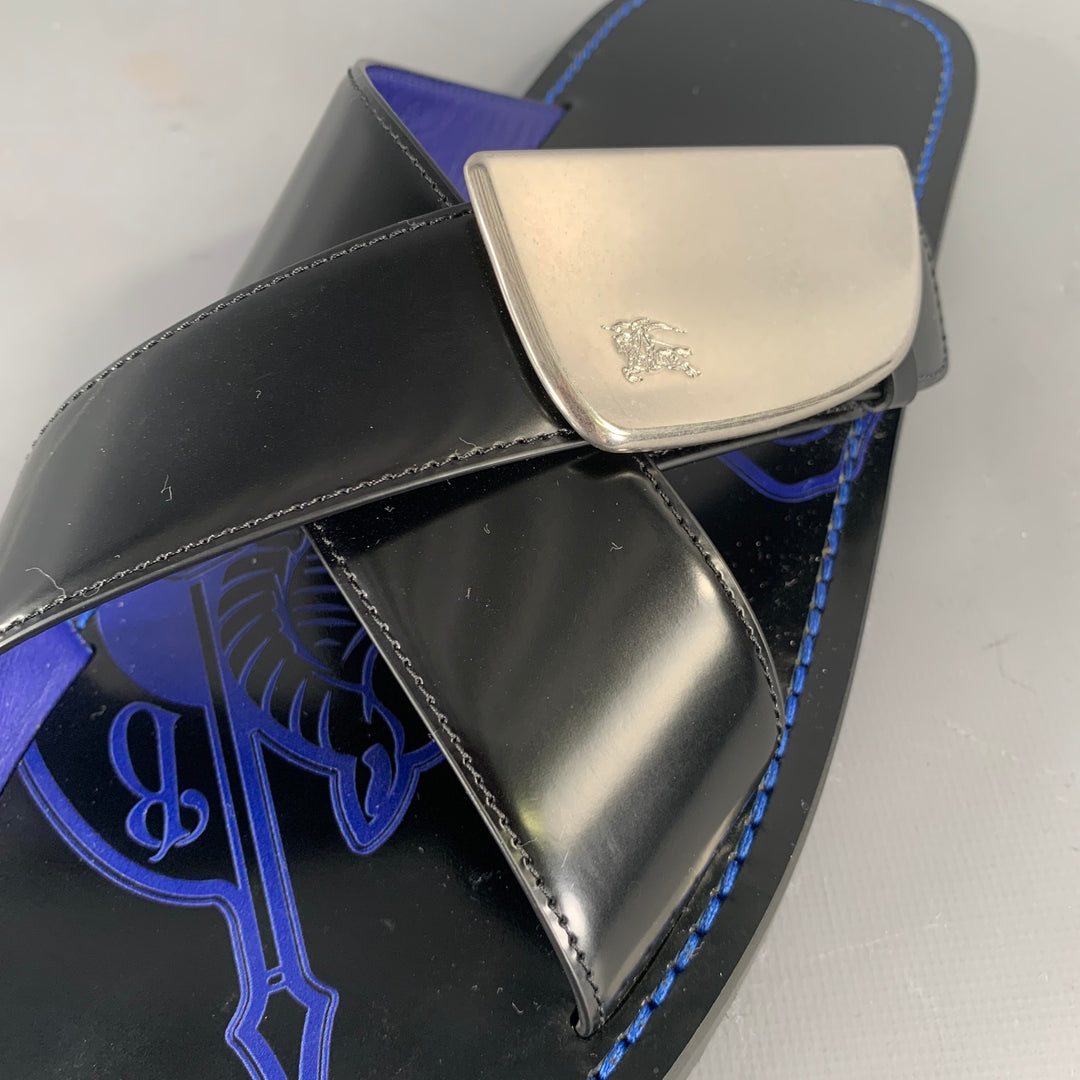 BURBERRY Size 10 Black Blue Leather Slide Sandals