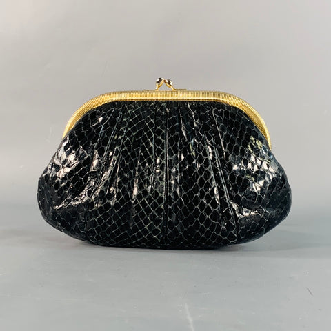 JUDITH LEIBER Vintage Black Gold Tone Snakeskin Leather Kiss Lock Evening Handbag