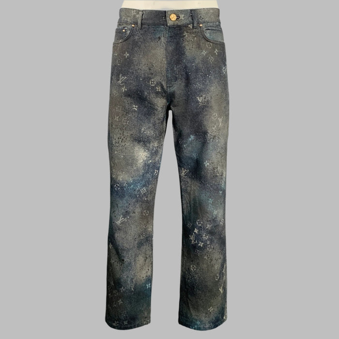 LOUIS VUITTON SS20 Size 36 Virgil Abloh Blue Indigo Monogram Cotton Baggy Distressed Jeans