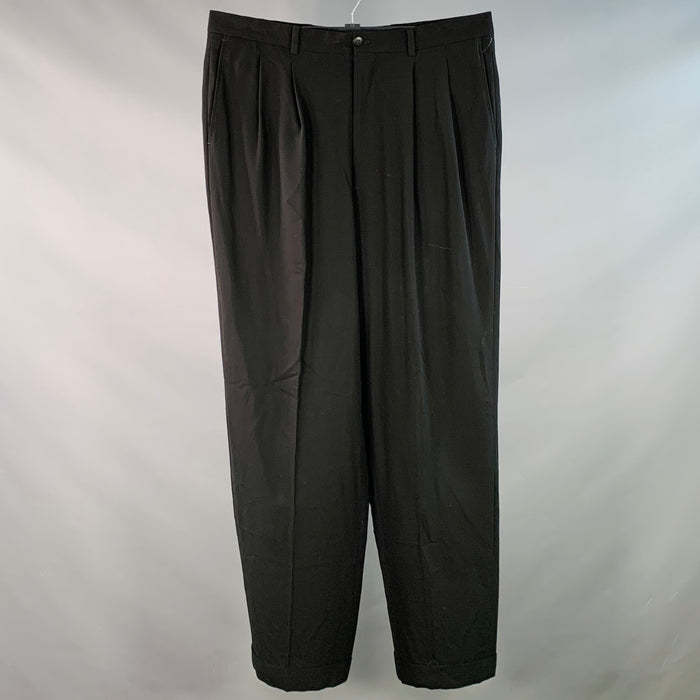 GIORGIO ARMANI Size 34 Black Wool Pleated Cuffed Tapered Dress Pants