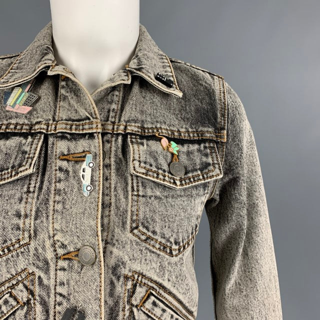 MARC JACOBS Size XS Paradise Black Denim Acid Wash Cropped Pins Jacket