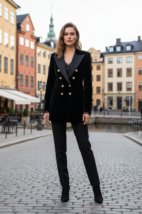JOHANNA ORTIZ FW23 Size S Herencias del Alma Black Cotton Velvet Double Breasted Peak Lapel Coat